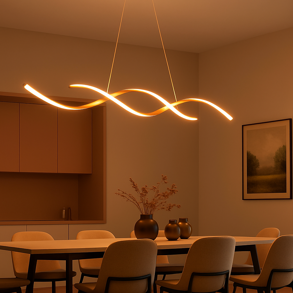 Lustra LED liniara aurie 950 mm cu telecomanda, iluminare eleganta pentru masa de dining