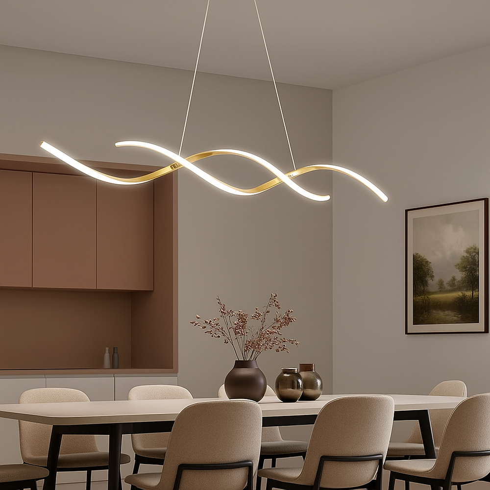 Lustra LED liniara aurie 950 mm cu telecomanda, iluminare eleganta pentru masa de dining