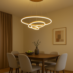 Lustra LED trei cercuri auriu 140W cu telecomanda, accent vertical rafinat pentru dining