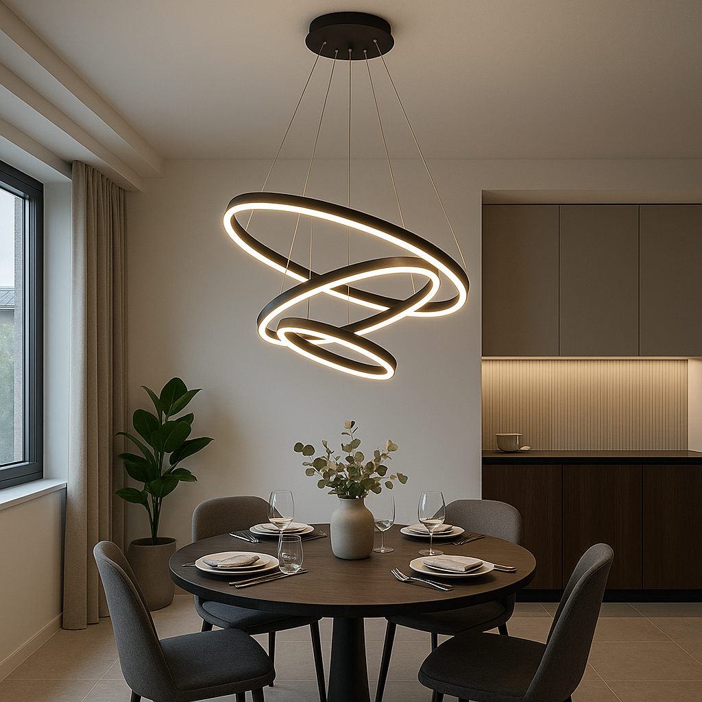 Lustra LED trei cercuri negru mat 140W cu telecomanda, accent arhitectural pentru dining