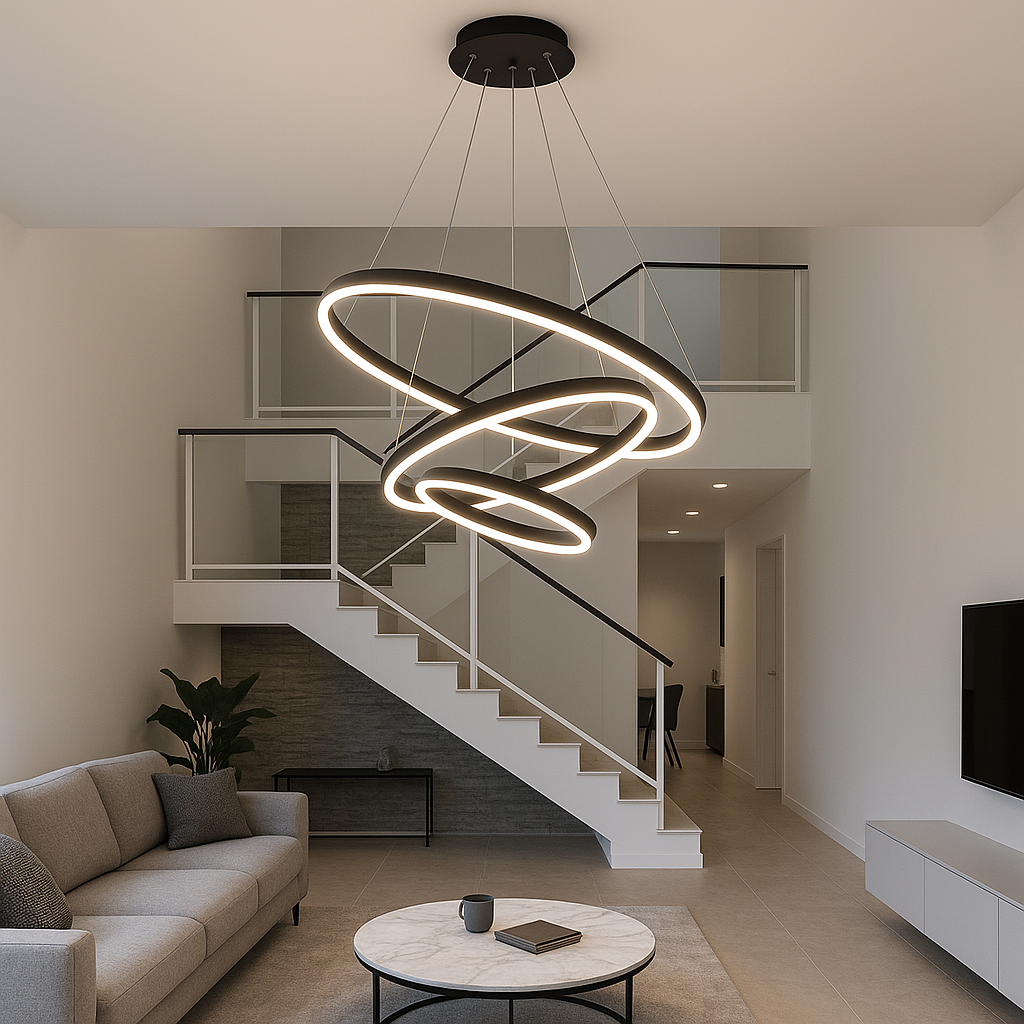 Lustra LED trei cercuri negru mat 140W cu telecomanda, iluminare spectaculoasa pentru scara interioara