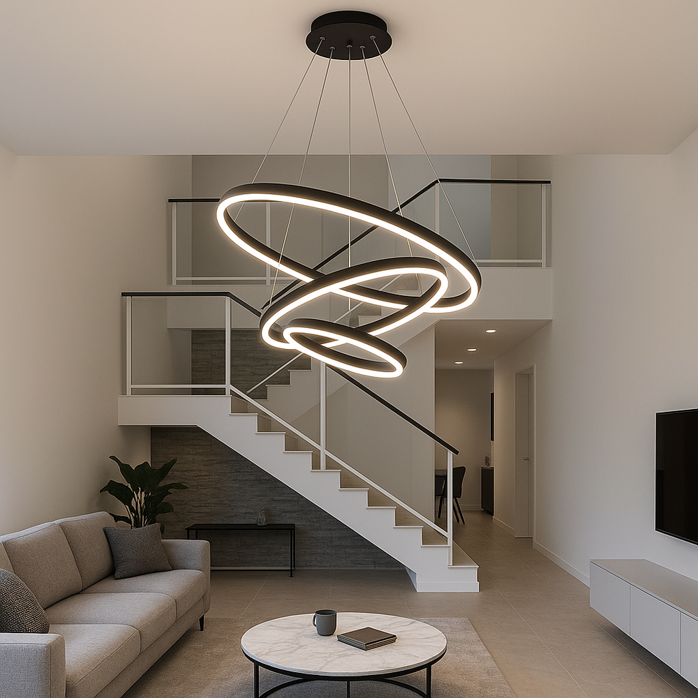 Lustra LED trei cercuri negru mat 140W cu telecomanda, iluminare spectaculoasa pentru scara interioara