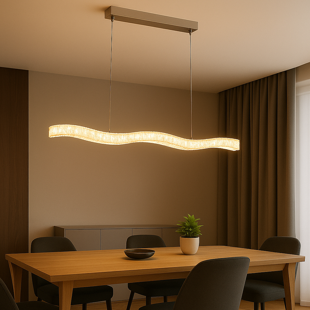 Lustra LED ondulata argintiu 56W 80cm cu telecomanda, iluminare ambientala pentru dining modern