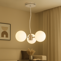 Pendul modern LUBAN 4659/3A cu 3 globuri din sticla opal alba, G9 max 20W, design minimalist pentru bucatarie, dining si dormitor elegant.