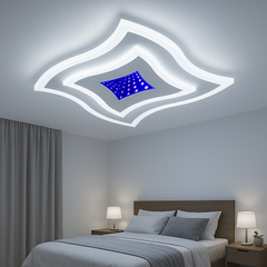 Plafoniera LED alba 67W cu design ondulat si lumina reglabila creeaza un ambient confortabil si modern in dormitoarele mici sau elegante.