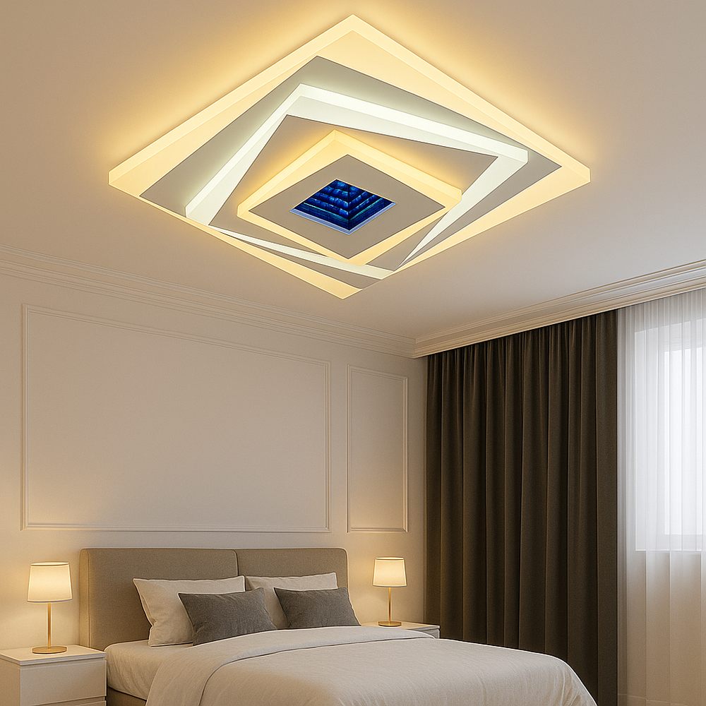 Plafoniera LED alba patrata 78W cu straturi suprapuse si lumina reglabila creeaza un ambient relaxant si modern in dormitoarele contemporane.