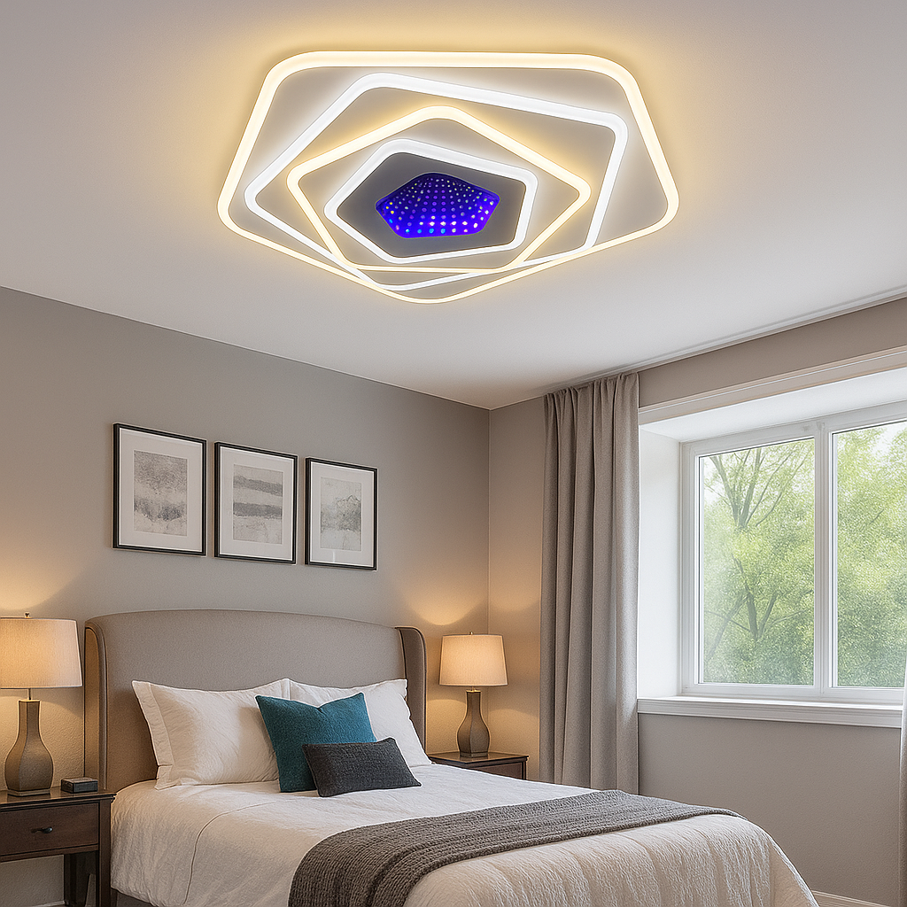 Plafoniera LED rotunda alba 94W cu telecomanda si lumina reglabila creeaza un ambient confortabil si modern in dormitoarele contemporane.