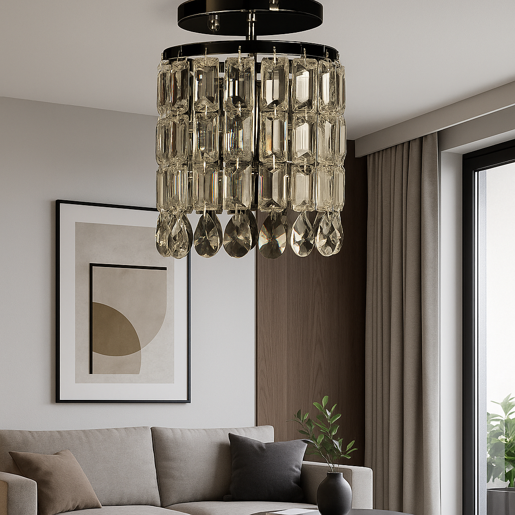 Pendul rotund cu cristale si 1 bec E27, montat in hol modern, iluminare ambientala rafinata si efect vizual placut.