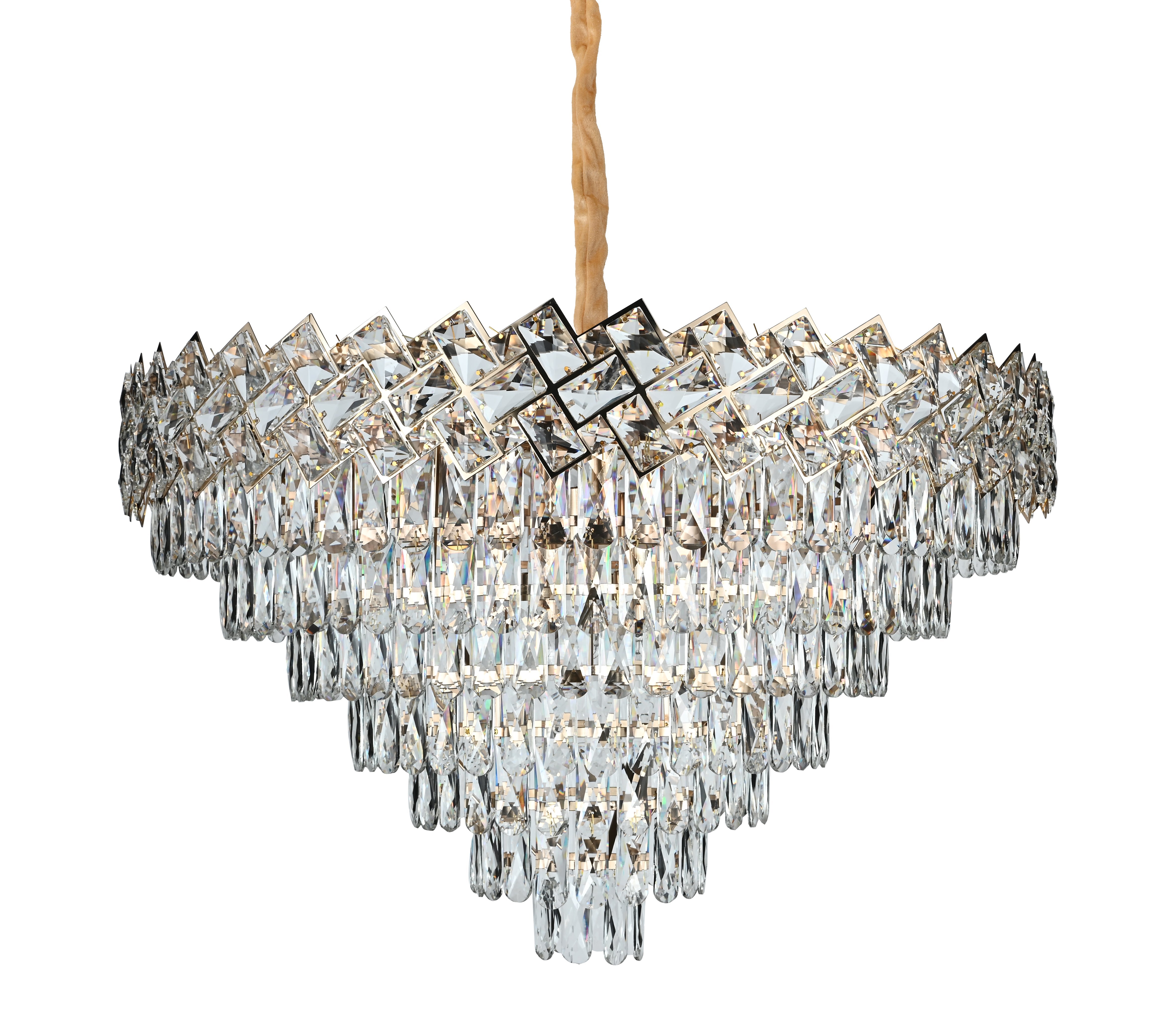 Candelabru rotund din cristal auriu Ø800 mm, cu 16 surse E27, montat intr-un living inalt pentru efect regal si luminos