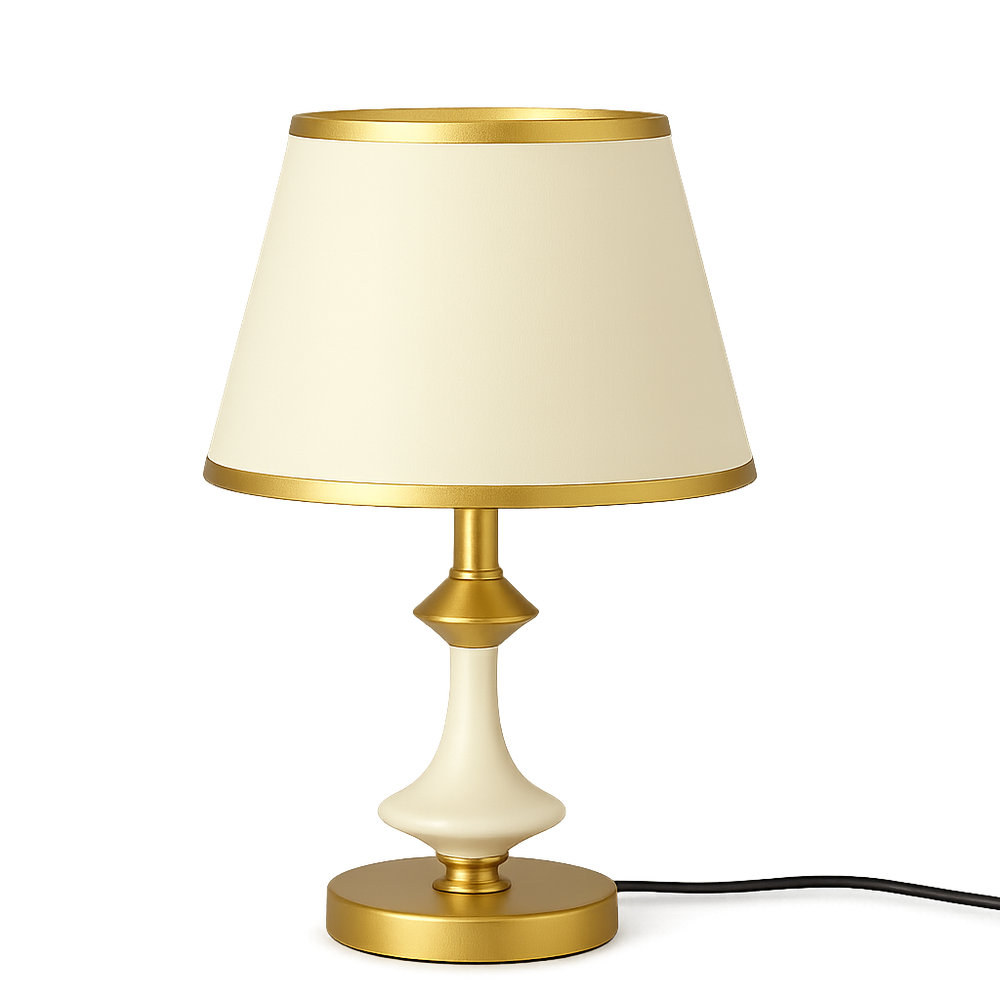 Veioza 8619 conica alb-aurie cu abajur textil alb creeaza lumina calda si eleganta, perfecta pentru un living modern si rafinat.