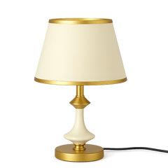 Veioza 8619 conica alb-aurie cu abajur textil alb creeaza lumina calda si eleganta, perfecta pentru un living modern si rafinat.