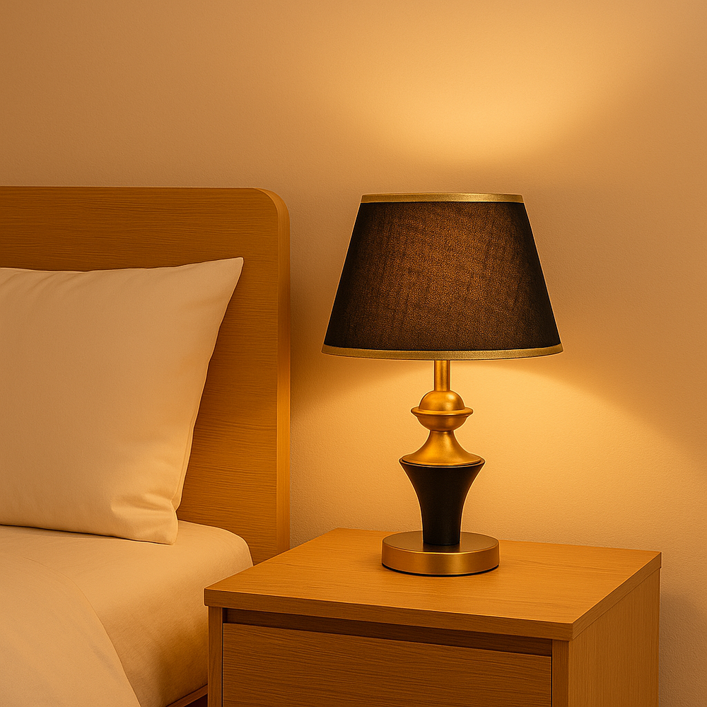 Veioza T8727 negru-auriu de 52 cm cu abajur textil difuzeaza lumina placuta, creand o atmosfera relaxanta si eleganta in dormitor.