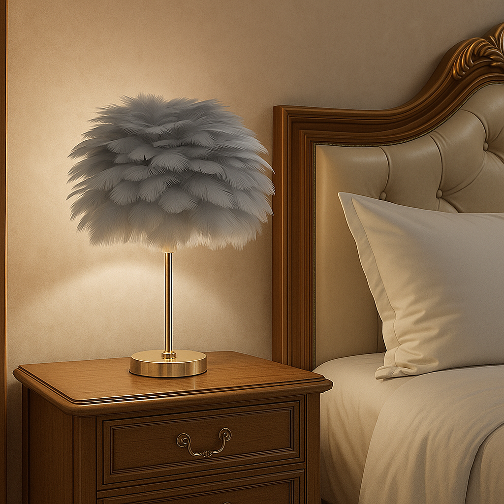 Veioza 8736 alba cu abajur floare din pene sintetice si baza metalica, perfecta pentru dormitor modern, oferind lumina calda relaxanta.