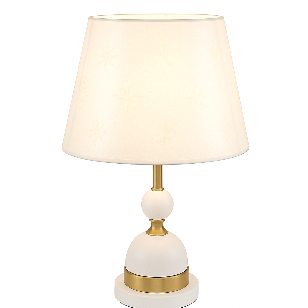 Veioza 8633 cu abajur textil alb/negru si accente aurii, ideala pentru birou modern, oferind lumina calda si atmosfera eleganta.