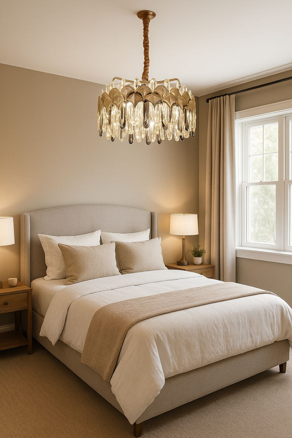 Candelabru LED rotund auriu Ø380 mm cu cristale tip bagheta, amplasat in dormitor modern, lumina LED uniforma 144W, stil luxos