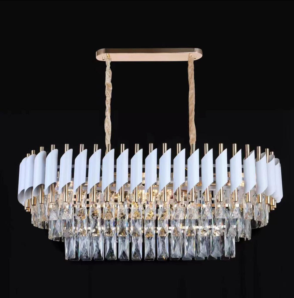 Candelabru rectangular alb mat si auriu cu cristale 9001 pentru dining modern, iluminare uniforma cu 8 becuri E27 si stil elegant.