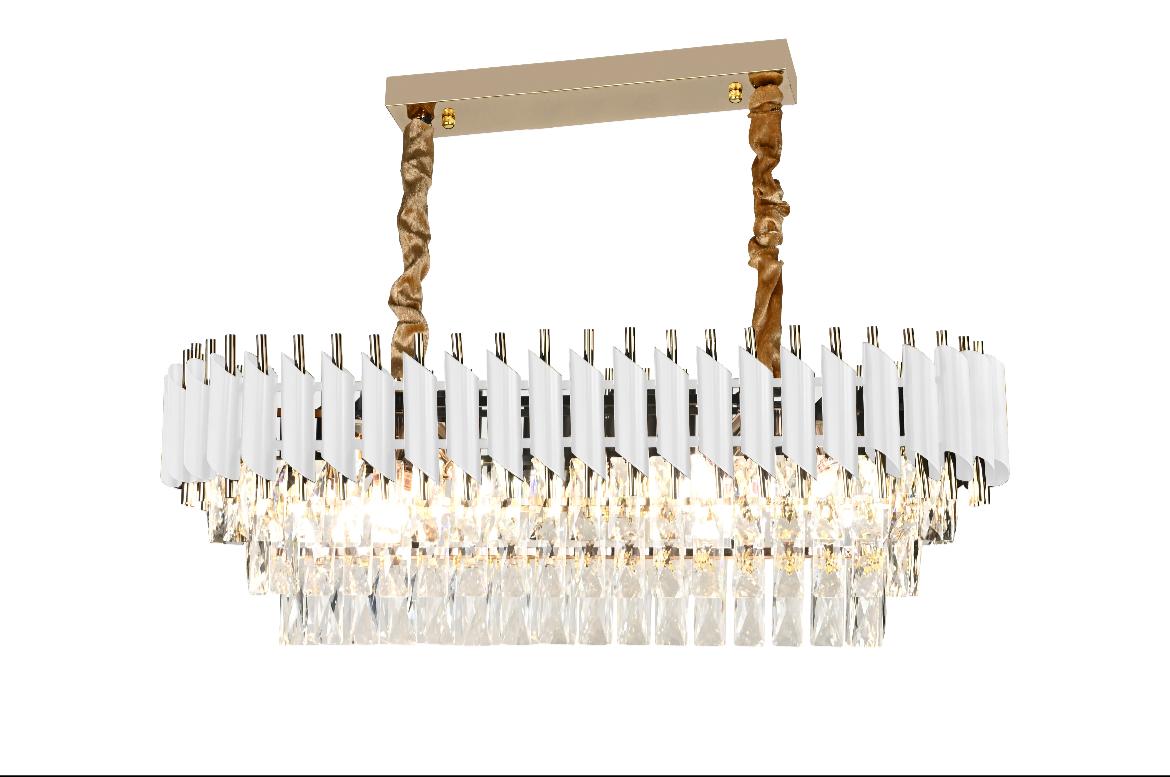 Candelabru rectangular alb mat si auriu cu cristale 9001 pentru insula de bucatarie moderna, lumina puternica cu 8 becuri E27.