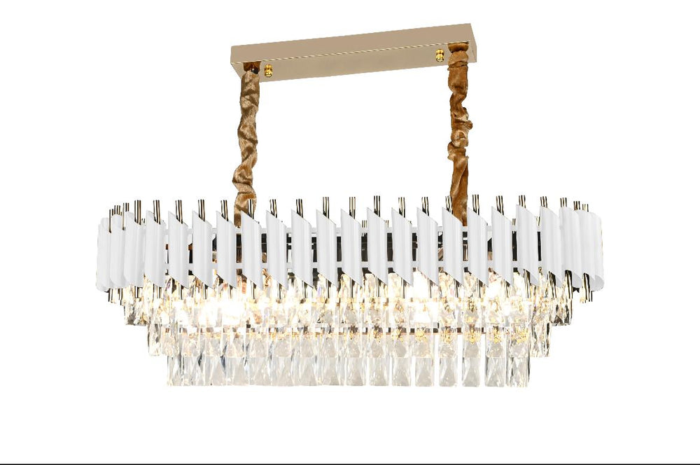 Candelabru rectangular alb mat si auriu cu cristale 9001 pentru insula de bucatarie moderna, lumina puternica cu 8 becuri E27.