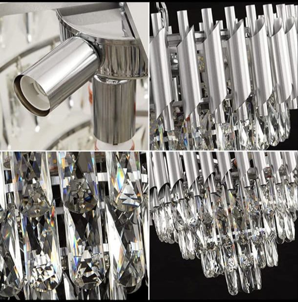 Candelabru rotund argintiu cu cristale, devenind centrul vizual impunator al unui living mare si luminos.