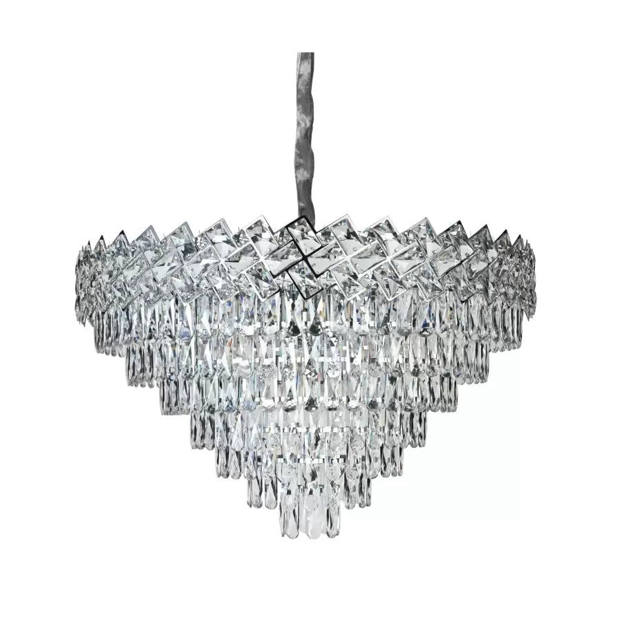 Candelabru rotund din cristal argintiu Ø800 mm, cu 16 surse E27, montat intr-un living cu tavan inalt si efect luxos