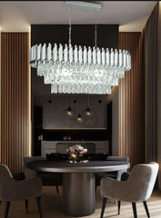 Candelabru rectangular argintiu cu cristale 9001 SY pentru dining modern, iluminare ampla cu 8 becuri E27 si stil elegant rafinat.