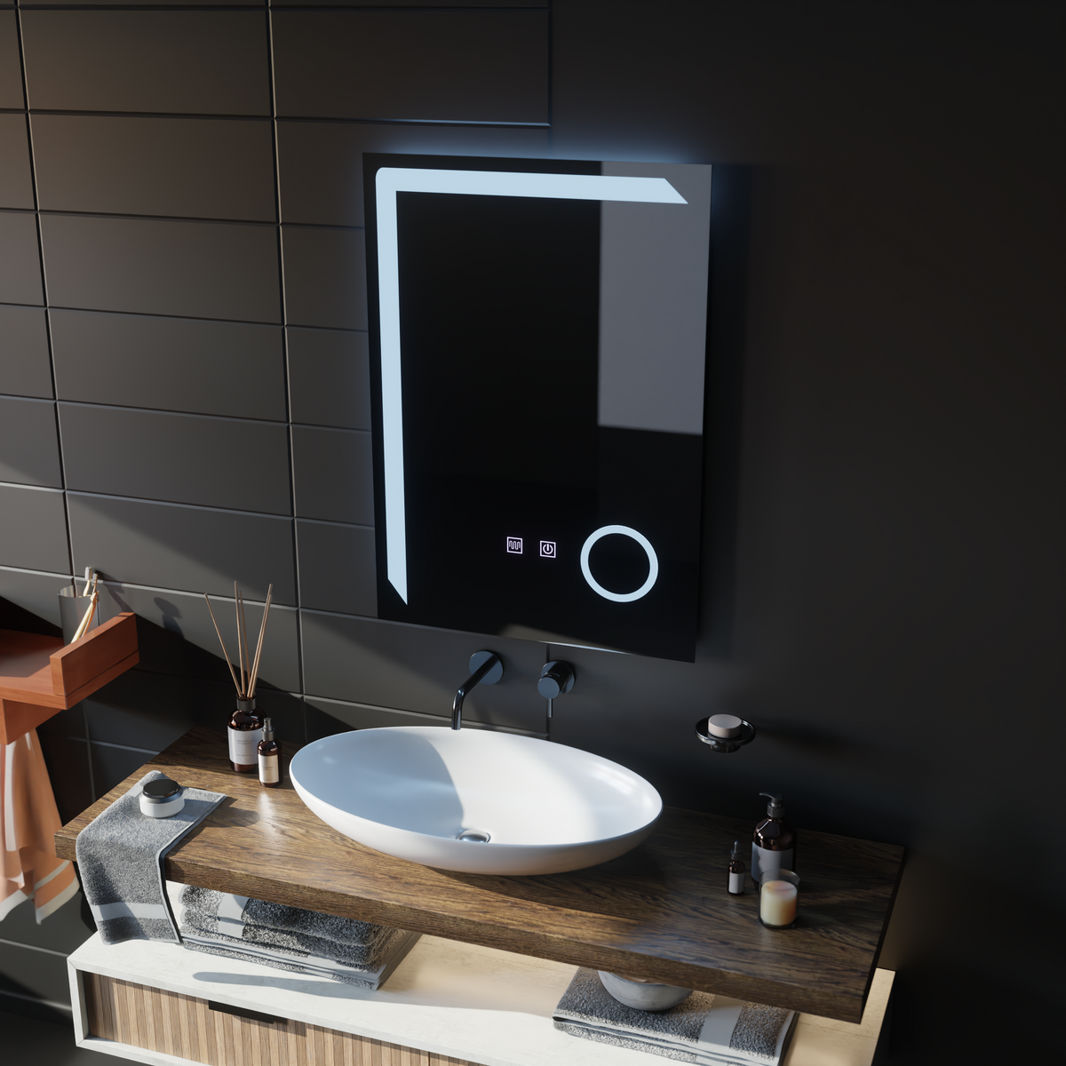 Oglinda smart flotanta 80x50 cm cu iluminare LED artistica, geam marire dual si functie de dezaburire inteligenta.
