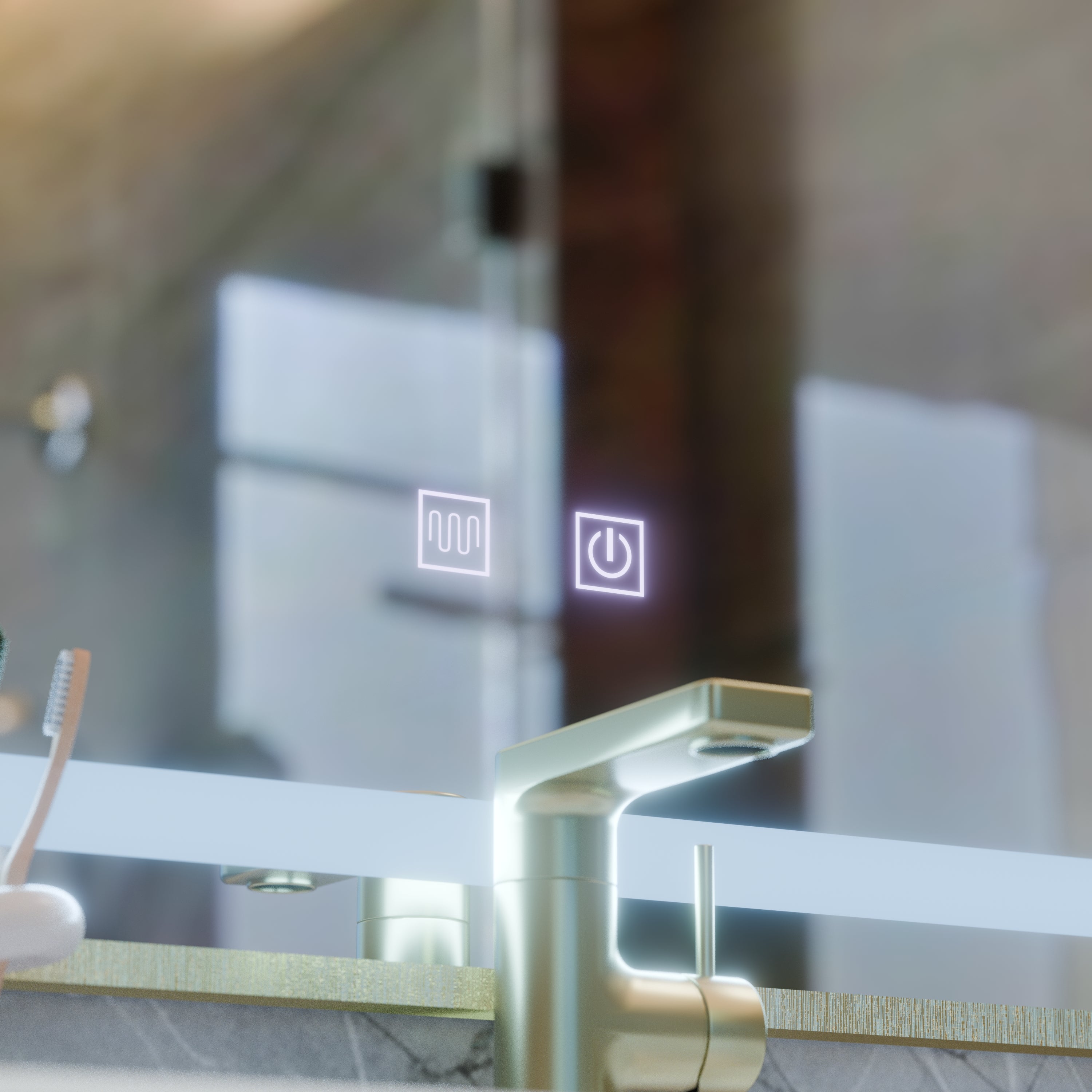 Oglinda smart orizontala 80x60 cm cu cadru auriu, LED profesional, control tactil si functie anti-abur pentru baie moderna