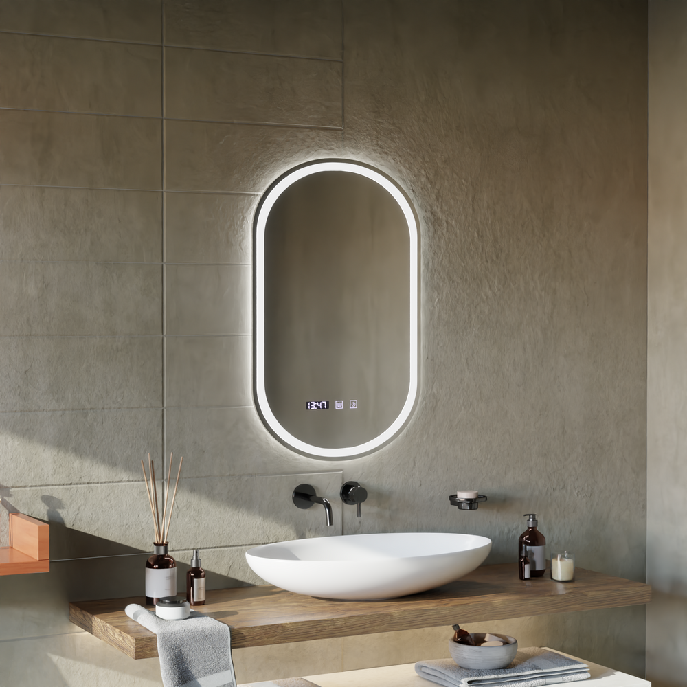 Oglinda smart eliptica 80x50 cm cu iluminare LED 3D fata-spate, control tactil si sistem de dezaburire completa.