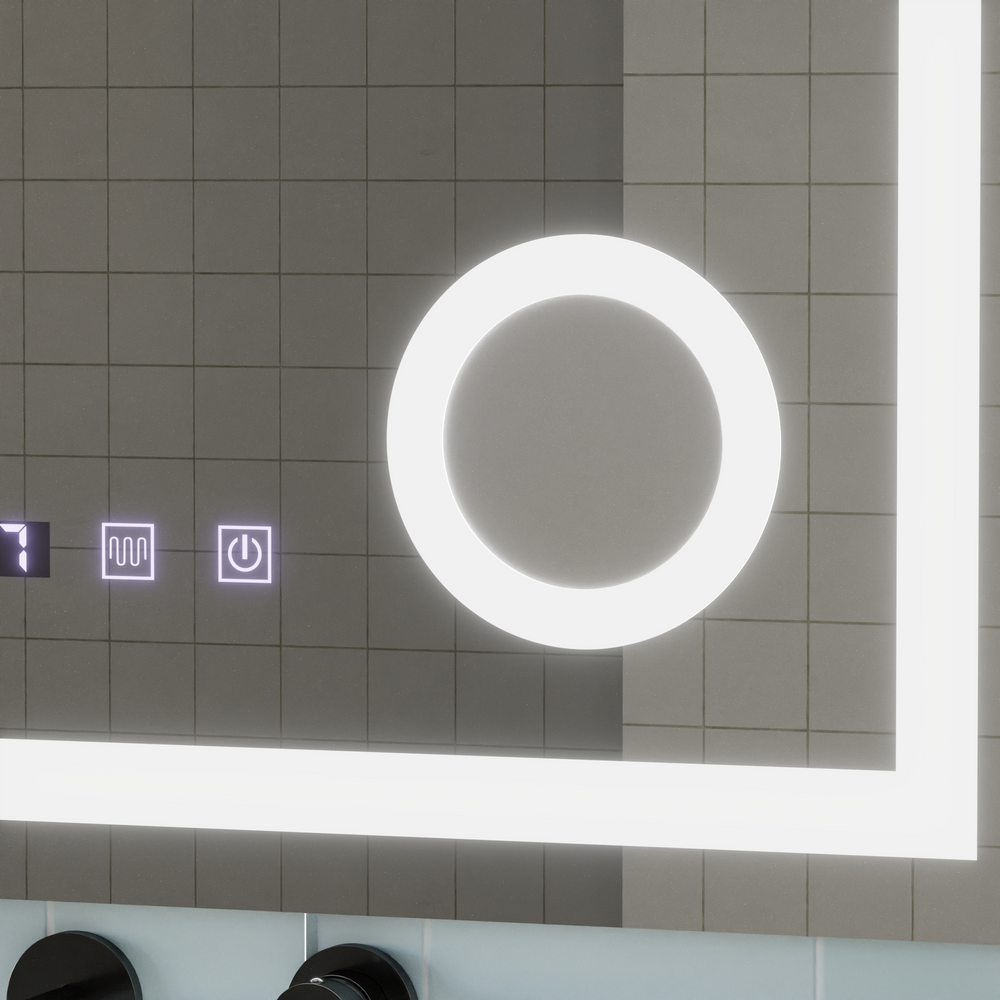 Oglinda smart LED cu cadru auriu, geam marire, dezaburire si afisaj digital, design vertical 60x80 cm