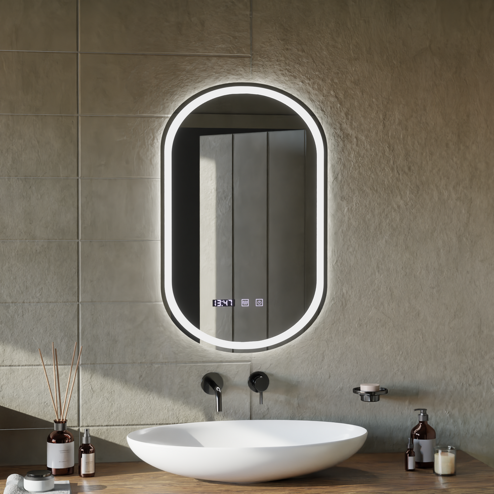 Oglinda smart eliptica 80x50 cm cu iluminare LED 3D fata-spate, control tactil si sistem de dezaburire completa.