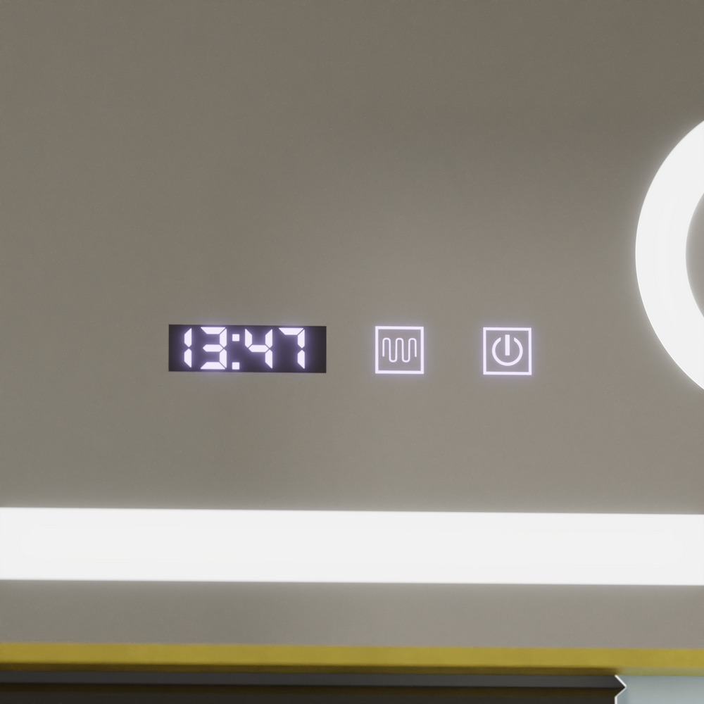 Oglinda smart LED cu cadru auriu, geam marire, dezaburire si afisaj digital, design orizontal 80x60 cm