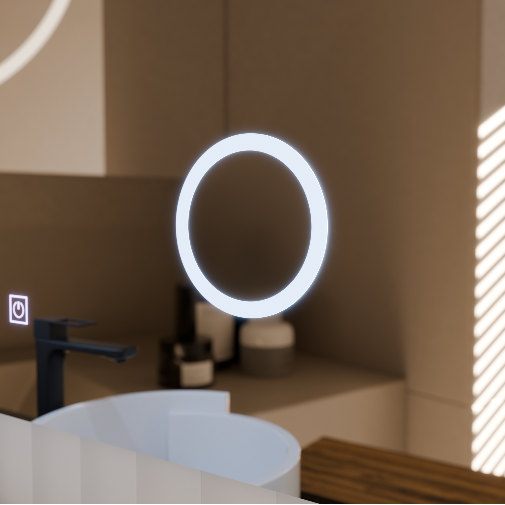 Oglinda smart orizontala 80×60 cm cu LED artistic, dezaburire, control tactil invizibil si geam marire 5X/10X.
