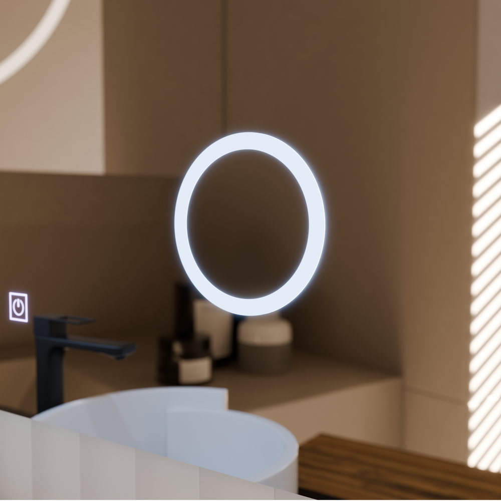 Oglinda smart orizontala 80×60 cm cu LED artistic, dezaburire, control tactil invizibil si geam marire 5X/10X.
