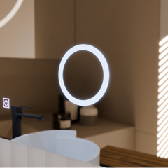 Oglinda smart orizontala 80×60 cm cu LED artistic, dezaburire, control tactil invizibil si geam marire 5X/10X.
