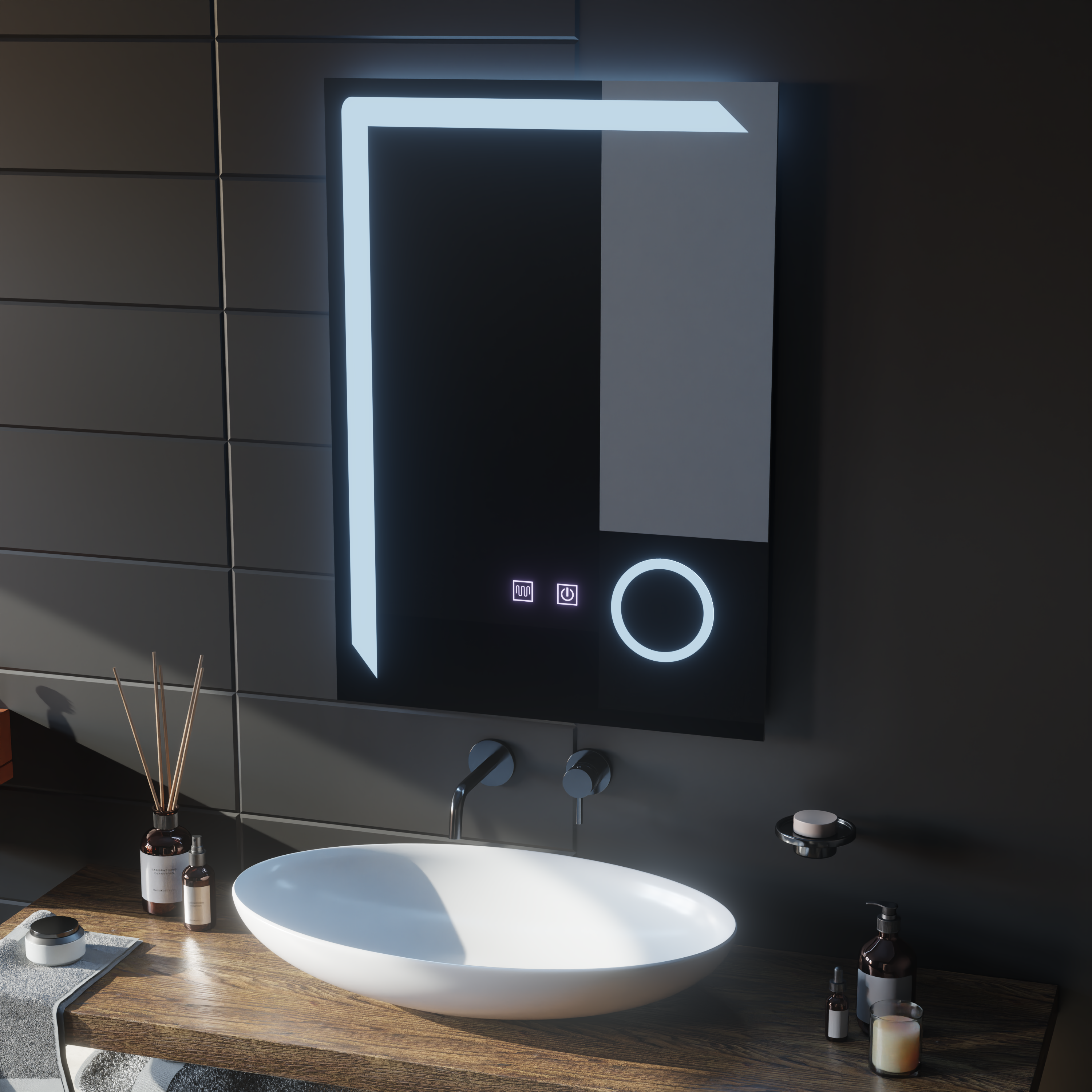 Oglinda smart flotanta 80x50 cm cu iluminare LED artistica, geam marire dual si functie de dezaburire inteligenta.
