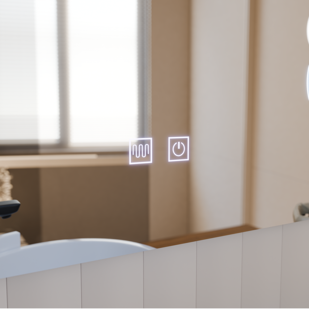 Oglinda smart orizontala 80×60 cm cu LED artistic, dezaburire, control tactil invizibil si geam marire 5X/10X.
