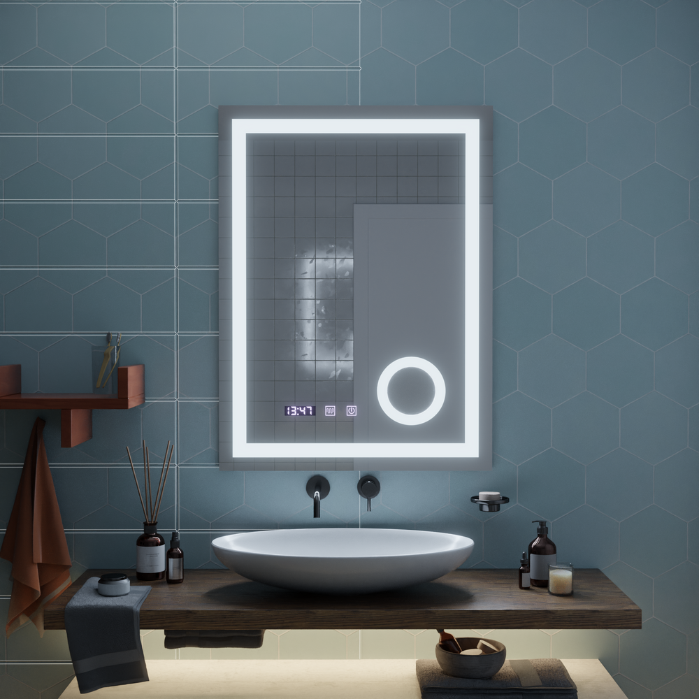 Oglinda smart LED cu cadru auriu, geam marire, dezaburire si afisaj digital, design vertical 60x80 cm