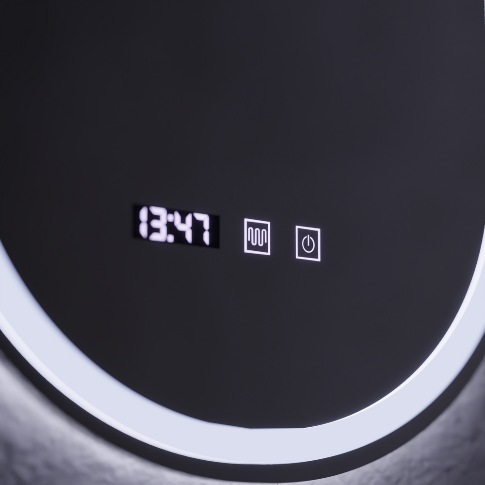 Oglinda smart eliptica 80x50 cm cu iluminare LED 3D fata-spate, control tactil si sistem de dezaburire completa.