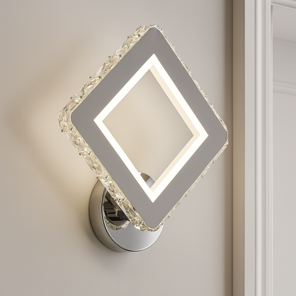 Aplica LED Diamond 34W, forma romboidala decorativa, iluminand uniform un living contemporan minimalist