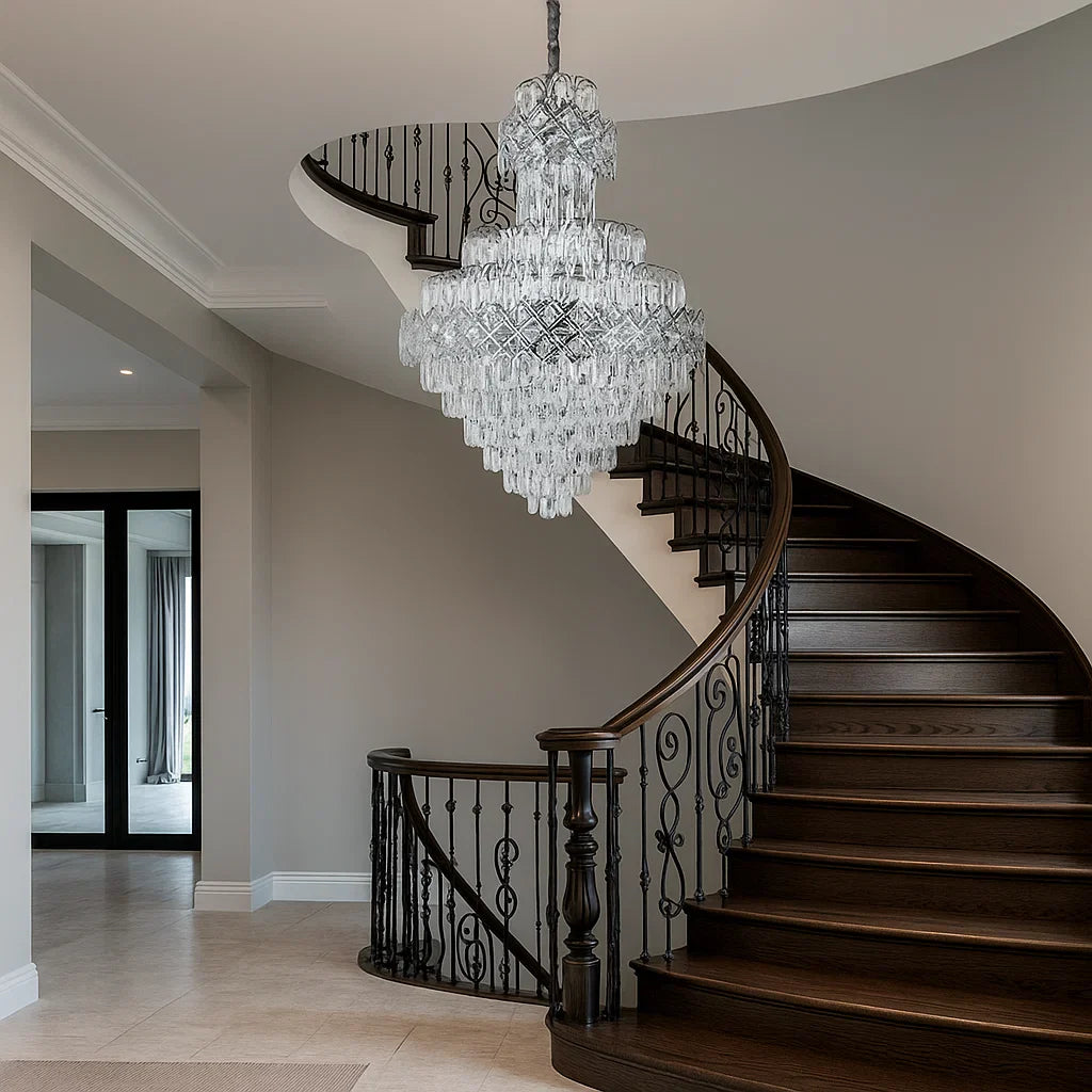 Candelabru cristal rotunda argintiu Ø600 H900 pe casa scarii, 13 E27, impact vizual de lux