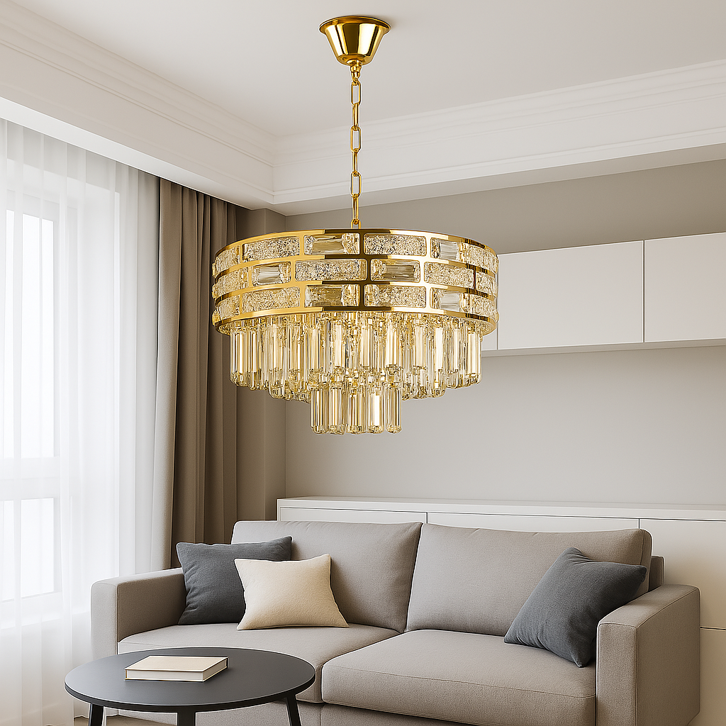 Candelabru rotund auriu Ø400 cu 6 becuri E27 intr-un living elegant, iluminare calda decorativa, stil clasic modern.