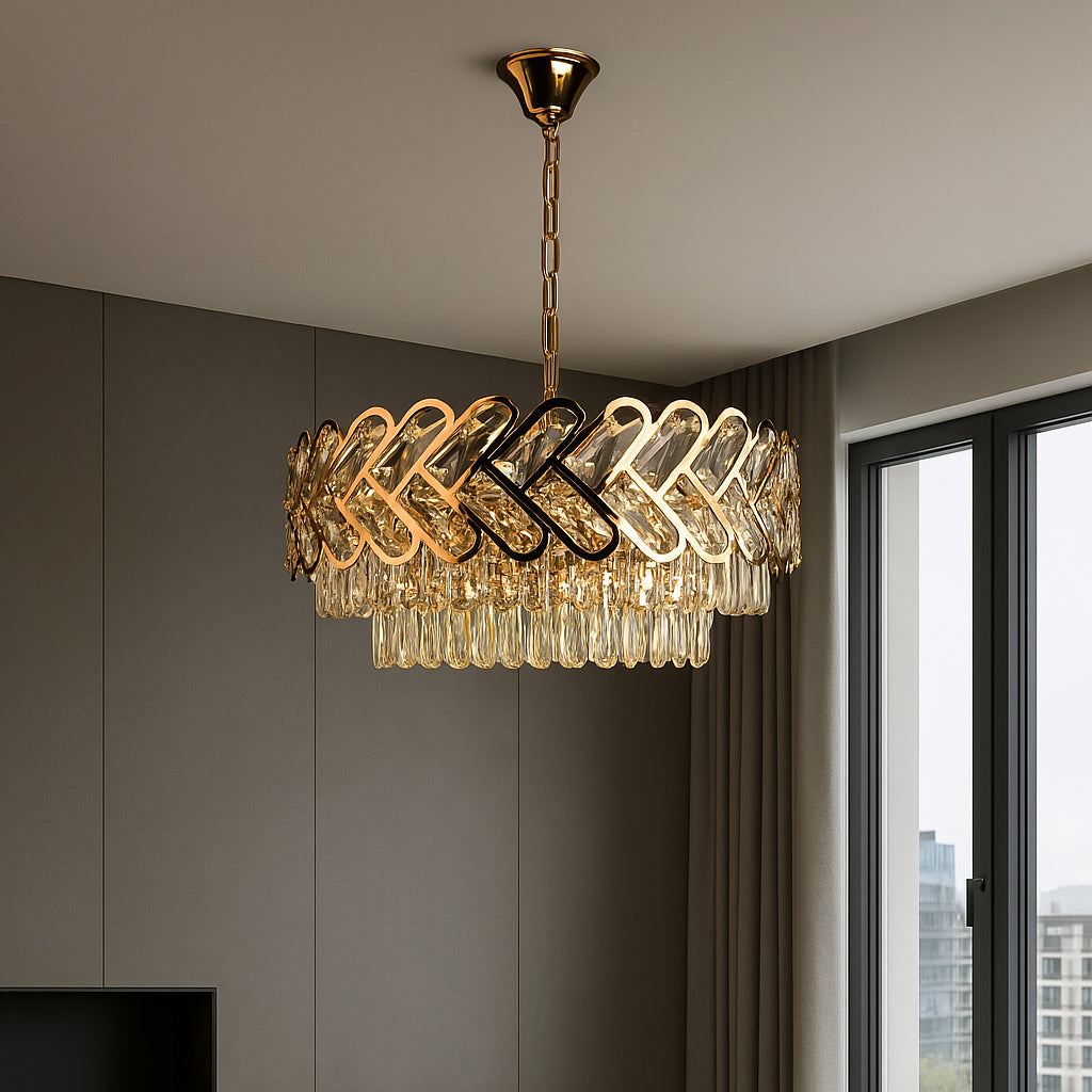 Candelabru auriu modern cu 12 surse E27 si elemente transparente, design geometric elegant, iluminare decorativa pentru living spatios