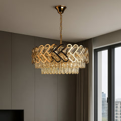 Candelabru auriu modern cu 12 surse E27 si elemente transparente, design geometric elegant, iluminare decorativa pentru living spatios