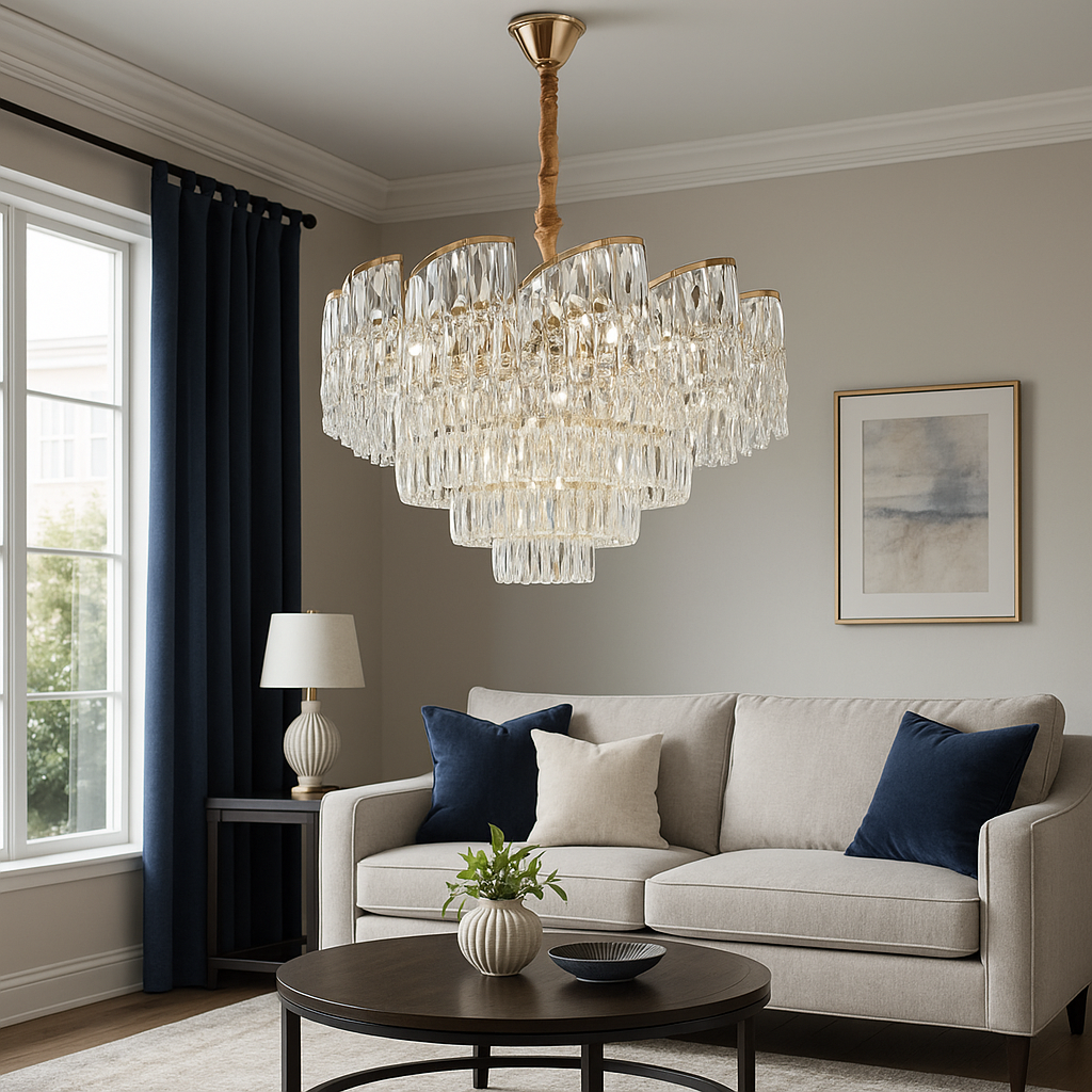 Candelabru rotund auriu Ø580 cu structura stratificata, amplasat in living spatios, iluminare uniforma si efect decorativ lux