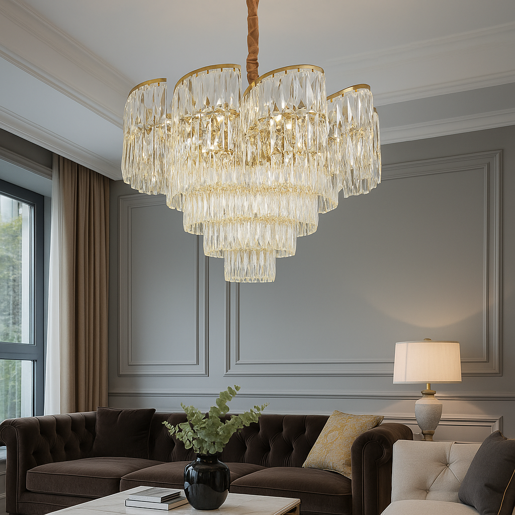 Candelabru rotund auriu Ø780 cu structura stratificata decorativa, amplasat central in living spatios elegant, iluminare ampla si uniforma