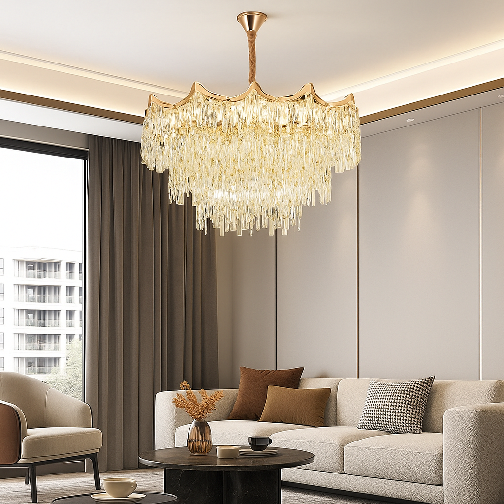 Candelabru rotund auriu 5520/800FG cu 20 becuri E27 in living spatios, elemente transparente in straturi, lumina calda ampla, montaj pe tavan