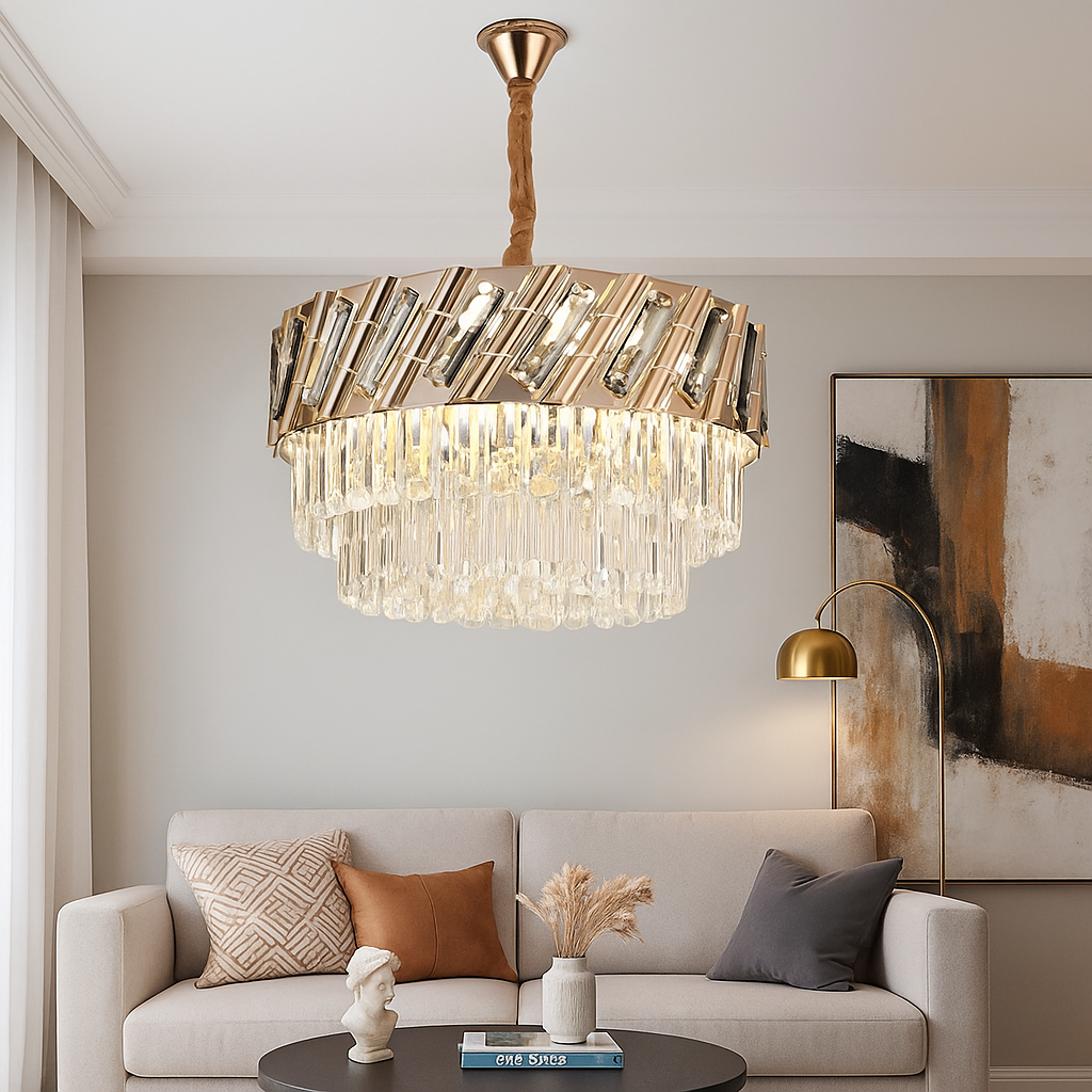 Candelabru rotund auriu Ø500 in living elegant, 8 becuri E27 pentru iluminare puternica si efect decorativ rafinat.