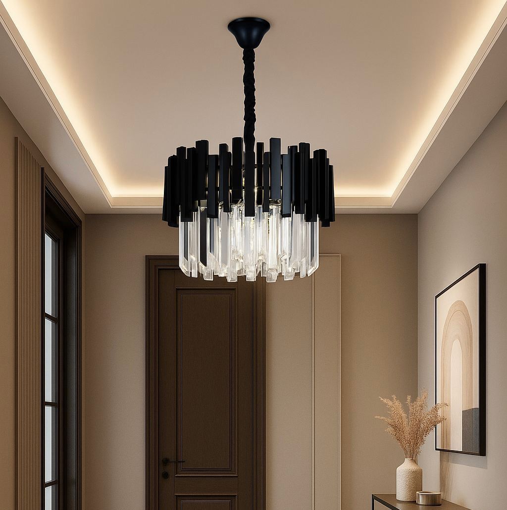 Candelabru rotund negru cu cristale, 5 becuri E27, iluminare eleganta si moderna pentru coridor sau hol lung.
