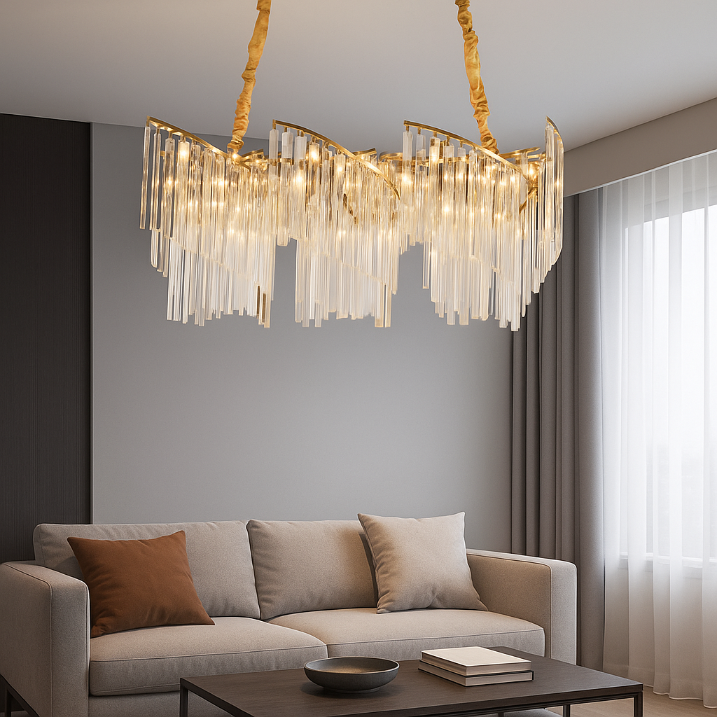 Candelabru dreptunghiular auriu 800×300 mm cu 9 socluri E27, montat in living modern, stil industrial elegant, iluminare personalizabila