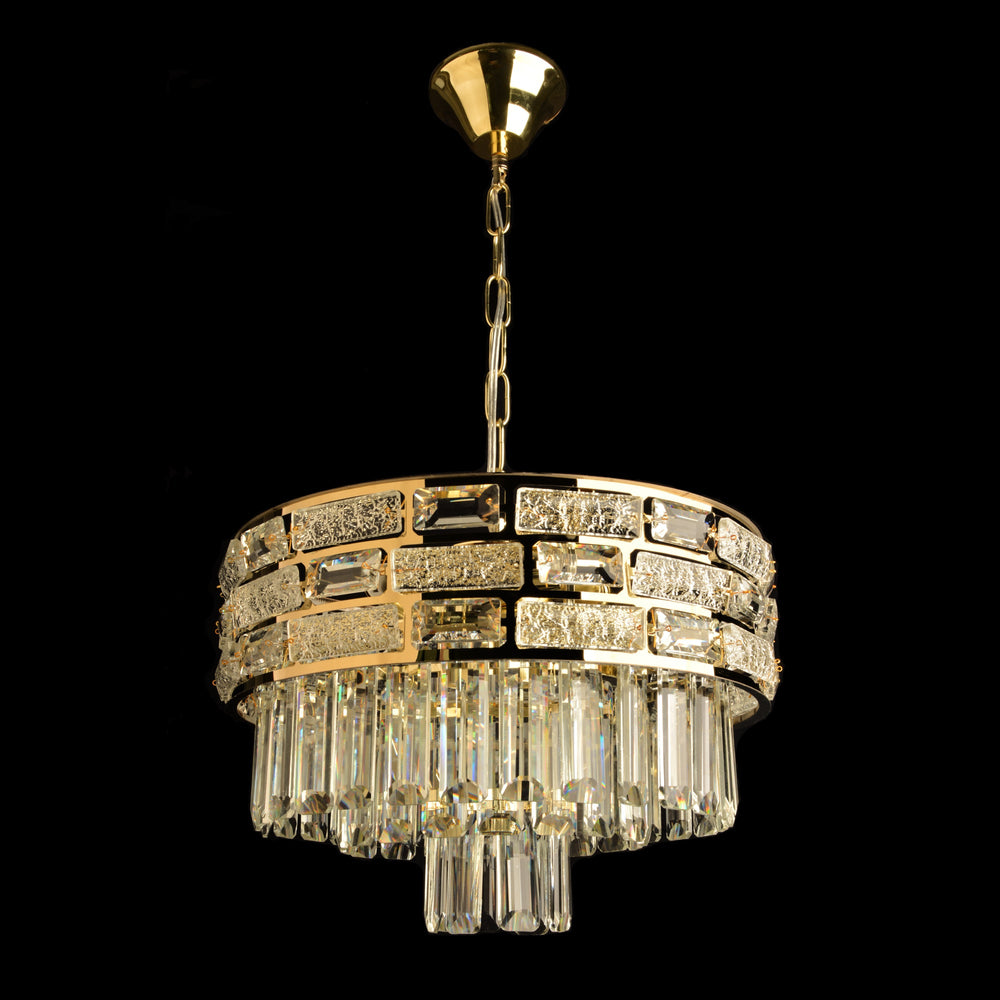 Candelabru rotund auriu Ø400 cu 6 socluri E27 intr-un dormitor rafinat, lumina calda decorativa si ambient elegant.